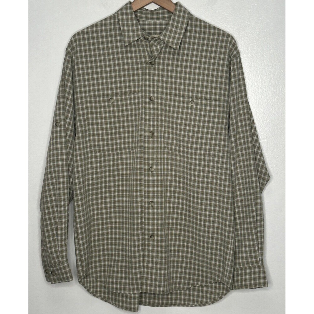 TravelSmith Shirt Mens Medium Green Check Plaid Long Sleeve Stretch Grandpa Chic